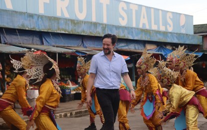 <p><strong>FESTIVE.</strong> Kananga Mayor Matt Torres in this undated photo greets dancers during a photoshoot in preparation for the five-day festival. The town of Kananga, Leyte will stage its Kaanyag (beauty) Festival on June 7 to 11, showcasing events highlighting local “fragrance, flavor, beauty, and abundance.” (<em>Photo courtesy of Kananga Tourism Office</em>)</p>