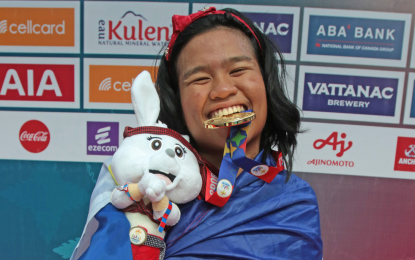 <p><strong>TRIPLE GOLD MEDALIST.</strong> Angel Mae Otom rules the women's 50m butterfly S5 event in record fashion to win her third gold medal in the ongoing 12th ASEAN Para Games in Phnom Penh, Cambodia on Wednesday (June 7, 2023). The Philippines remained fifth overall in medal standing with 27 gold. <em>(Media pool photo)</em></p>