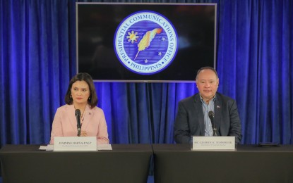 <p><strong>PALACE BRIEFING</strong>. Defense Secretary Gilbert Teodoro Jr. joins Malacañang Press Briefer Daphne Oseña-Paez in a press conference at the Palace on Thursday (June 8, 2023). Teodoro said China should adhere to the United Nations Convention on the Law of the Sea to earn the Philippines' trust amid the territorial dispute in the South China Sea. <em>(Photo courtesy of PCO FB page)</em></p>