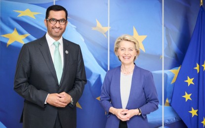 <p>Dr. Sultan bin Ahmed Al Jaber, UAE Minister of Industry and Advanced Technology and COP28 president-designate (left), and Ursula von der Leyen, president of the European Commission <em>(WAM)</em></p>