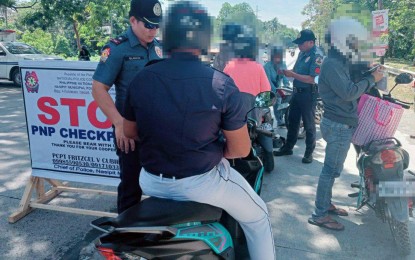 <p><strong>INTENSIFIED DRIVE.</strong> Members of the Police Regional Office (PRO) 13 (Caraga) conduct a weeklong “No Plate, No Travel” drive from May 31 until June 9. The drive, aimed at preventing car theft and crimes by riding-in-tandem individuals, netted 7,393 traffic violators and impounded 102 motorcycles, the PRO-13 said Saturday (June 10, 2023). <em>(Photo courtesy of PRO-13 Information Office)</em></p>