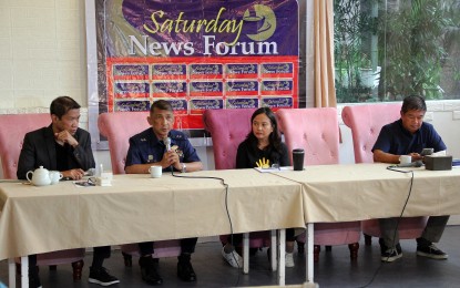 <div class="caption">
<p><strong>WEEKEND DISCUSSION.</strong> Philippine Coast Guard spokesperson Rear Admiral Armand Balilo and Global Alliance for Incinerator Alternatives - Asia-Pacific deputy director Miriam Azurin (2<sup>nd</sup> and 3<sup>rd</sup> from left) guest at the Saturday News Forum at Dapo Restaurant and Bar, Quezon City on June 10, 2023, flanked by moderators Ariel Ayala (left) and Bobot Fradejas. Balilo talked about the recent trilateral maritime exercises with the United States and Japan coast guards in Bataan and the planned procurement of high-end drones to boost maritime patrols; while Azurin expounded on their campaign against plastic pollution through regenerative solutions in cities using local campaigns, shifts in policy and finance, research and communication initiatives, and movement building.<em> (PNA photo by Robert Oswald P. Alfiler)</em></p>
</div>