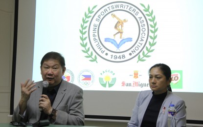 <p><strong>HOSTING CHORES.</strong> Joint Management Committee head John Lucas (left) and deputy event director Erika Dy share updates on the FIBA World Cup during the Philippine Sportswriters Association forum at the PSC Conference Hall inside the Rizal Memorial Sports Complex in Malate, Manila on Tuesday (June 13, 2023). The Philippines will co-host the World Cup with Japan and Indonesia from Aug. 25 to Sept. 10. <em>(PNA photo by Jess M. Escaros Jr.)</em></p>