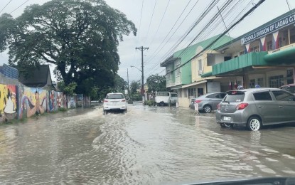 <p><strong>FLOODED.</strong> Vehicles make their way to a flooded portion of the M. H. Del Pilar Street in front of the Laoag City Schools Division on Tuesday (June 13, 2023). Classes at all levels in some parts of Ilocos Norte and Ilocos Sur are suspended today due to inclement weather.<em> (PNA photo by Leilanie Adriano)</em></p>