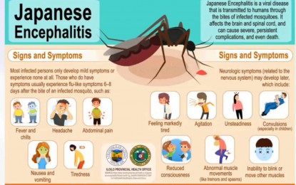 <p><strong>MOSQUITO BITE INFECTION.</strong> Iloilo province has recorded 14 confirmed cases of Japanese encephalitis, including four deaths, from Jan. 1 to June 3 this year. IPHO head Dr. Maria Socorro Quiñon, in a virtual presentation late afternoon Thursday (June 15, 2023), said the disease is transmitted through bites of infected Culex or bigger mosquitoes that thrive in rice-growing and pig-farming areas. <em>(PNA photo screenshot from virtual presentation)</em></p>