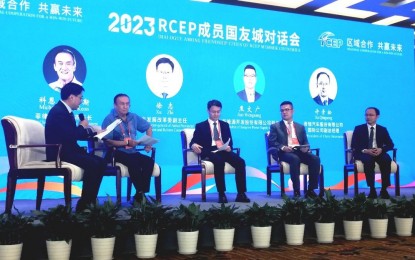 <p><strong>COLLABORATION.</strong> Philippine City Laoag Mayor Michael Marcos Keon (2nd from left) shares about his city's recent signing of the sisterhood ties with Huangshan City, Anhui province during the Regional Comprehensive Economic Partnership (RCEP) forum in Wencheng, Anhui province from June 9 to 11, 2023. Their Chinese city sisterhood ties are an avenue for exchanges on culture, environment protection, trade, and economic relations. <em>(PNA Photo by Liza T. Agoot)</em></p>