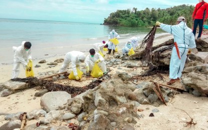 <p><strong>COMBINED EFFORTS.</strong> The local government and Philippine Coast Guard conduct oil spill cleanup operations along the shoreline of Barangay Herrera, Naujan, Oriental Mindoro on March 17, 2023. The Department of Social Welfare and Development disaster response efforts have shifted to livelihood training from cash assistance. <em>(Courtesy of MDRRMO-Naujan)</em></p>