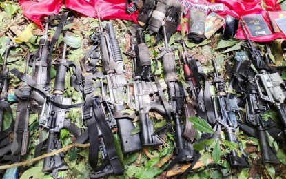 <p><strong>WINNING VS. INSURGENCY</strong>. Some of the 15 high-powered firearms recovered in a strike operation that killed three New People’s Army rebels and conducted by the 29th Infantry Battalion in Mt. Apo-Apo, Sitio Dugyaman, Barangay Anticala, Butuan City on Friday (June 16, 2023). Lt. Gen. Greg Almerol, commander of the Eastern Mindanao Command of the Armed Forces of the Philippines, recognized the vital role of the civilians in the continuing fight to end the communist armed conflict in the Caraga Region. <em>(Photo courtesy of EMC)</em></p>