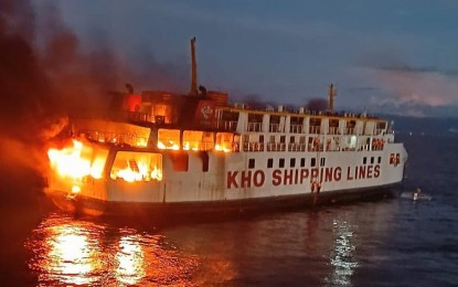 <p><strong>ON FIRE.</strong> The MV Esperanza Star as it catches fire on Sunday morning (June 18, 2023) while sailing a few kilometers off the Tagbilaran City Port in Bohol province. Tagbilaran City Disaster Risk Reduction and Management Office head Anthony Damalerio said all passengers and crew are accounted for and taken care of by the shipping company. <em>(Photo courtesy of Ted Aying)</em></p>