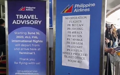 <p><strong>CANCELED FLIGHTS.</strong> The Philippine Airlines (PAL) on Wednesday (June 21, 2023) posts a list of canceled international flights at the NAIA Terminal 1. Both PAL and Cebu Pacific cited aircraft shortage as the main reason for the recurring flight delays and cancellations. <em>(Video screenshot)</em></p>