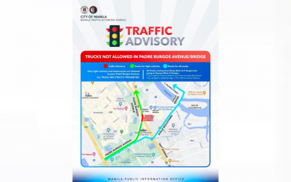 <p style="text-align: justify;"> </p>
<p style="text-align: justify;"><strong>ALTERNATIVE ROUTES. </strong>The Manila Traffic and Parking Bureau announces a temporary truck ban along Padre Burgos Avenue starting on Thursday (June 22, 2023). It also issued the alternative routes for all affected truck drivers. <em>(Photo courtesy of Manila Public Information Office) </em></p>