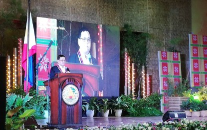 <p><strong>COOPERATIVE FORUM</strong>. Coop-Natcco Partylist Representative Felimon Espares delivers his keynote speech during the opening of the Western Visayas Cooperative Edubiz Forum at the University of Antique main campus in the municipality of Sibalom, Antique province  on Thursday.  In his message, he urged cooperatives to innovate to become sustainable. (<em>PNA photo by Annabel Consuelo J. Petinglay</em>)</p>