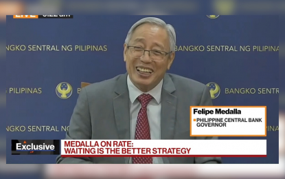 <p><strong>WAIT-AND-SEE.</strong> Bangko Sentral ng Pilipinas (BSP) Governor Felipe Medalla says it is best to observe what other central banks will do with their key policy rates before the BSP decides to adjust its rates during a televised interview on Friday (June 23, 2023). He said the BSP expects inflation to be below 4 percent by October or November, and 2024 inflation to be very close to the government’s target of 3 percent. <em>(Screengrab from Bloomberg TV)</em></p>