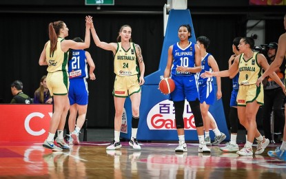 <p><strong>TOO MUCH</strong>. Host Australia demolishes Gilas Pilipinas, 105-34, in the opening of the FIBA Women’s Asia Cup in Sydney on Monday night (June 6, 2023). The Philippines will face Japan on Tuesday.<em> (Photo courtesy of FIBA)</em></p>