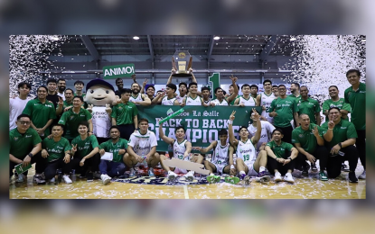 <p><strong>STILL CHAMP.</strong> EcoOil-La Salle retains the PBA D-League Aspirants Cup title after sweeping the best-of-three finals against Marinerong Pilipino-San Beda at the Ynares Sports Arena in Pasig City on Monday night (June 26, 2023). La Salle defeated San Beda, 89-74.<em> (Photo courtesy of PBA Images)</em></p>