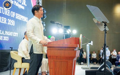 <p><strong>SEAFARERS SUMMIT.</strong> President Ferdinand R. Marcos Jr. delivers a speech during the Seafarers Summit at Conrad Hotel in Pasay City on Monday (June 26, 2023). Marcos urged the maritime industry to adapt new technologies and secure emerging opportunities for Filipino seafarers.<em> (Photo from Office of the President)</em></p>
