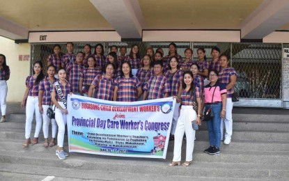 <p><strong>INCENTIVE</strong>. Child Development Workers (CDWs) from the Municipality of Bugasong join the provincial congress at the Binirayan Gymnasium in San Jose de Buenavista, Antique province on June 16, 2023. The Antique Provincial Board is eyeing to increase their annual incentive to PHP10,000 from the current PHP5,000. (<em>PNA photo courtesy of Antique PSWDO</em>)</p>