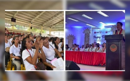 <p><strong>GRADUATES.</strong> Department of Social Welfare and Development Secretary Rex Gatchalian graces the Pugay Tagumpay ceremonial graduation of some 562 beneficiaries of the Pantawid Pamilyang Pilipino Program (4Ps) in Plaridel, Bulacan on Wednesday (June 28, 2023). He assured the recipients of the government’s continued support through a sustainable livelihood program.<em> (Photo from DSWD)</em></p>