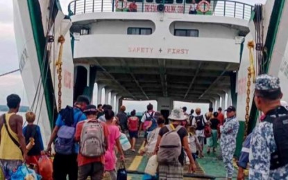 <p><strong>GOING HOME</strong>. The group of 77 Badjaos who traveled back from Iloilo City to Bacolod City last weekend on board a roll-on, roll-off vessel from the port of Dumangas, Iloilo en route to Dumaguete City in Negros Oriental, where they traveled going to Zamboanga City. A batch of 54 Badjaos will also be transported from Bacolod back to Mindanao in the coming days. <em>(Photo courtesy of Iloilo City Mayor Jerry Treñas)</em></p>