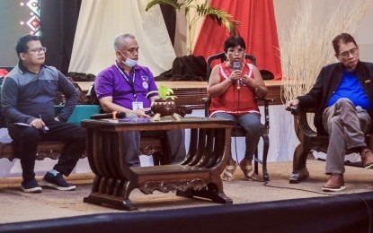 <p><span style="font-size: 10.5pt; font-family: 'Segoe UI',sans-serif; color: black;"><strong>FOOD SOURCE.</strong> Nilda Grumacon (3rd from left), village chief of Barangay Suyangan in General Luna, Siargao Island, Surigao del Norte, narrates her community's efforts to sustain their one-hectare communal garden, which provides food and income for residents. The sharing was done during the “Dagyaw” open government town hall meeting conducted in Butuan City on Thursday (June 29, 2023).<em> (Photo courtesy of PIA-Caraga)</em></span></p>