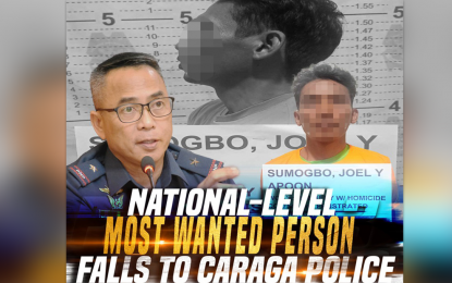 <p><strong>MOST WANTED FALLS</strong>. Brig. Gen. Pablo Labra II, Police Regional Office in the Caraga Region director, reports the arrest of Joel A. Sumogbo, 53, in an operation in Dagohoy, Bohol on July 1, 2023. Sumogbo has been hiding in Bohol for 27 years to escape a 1996 robbery case involving the death of a victim. <em>(Photo courtesy of PRO-13)</em></p>