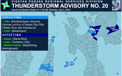 <p><strong>WEATHER DISTURBANCE.</strong> A map showing some portions of Eastern Visayas affected by heavy rains in an advisory issued Monday noon (July 3, 2023). The weather bureau has warned of possible flooding and landslide in Samar and Leyte due to weather disturbances. <em>(PAGASA image)</em></p>