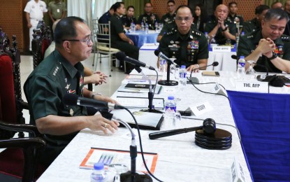<p><strong>COMMAND CONFERENCE.</strong> Armed Forces of the Philippines chief Gen. Andres Centino (left) leads a command conference for the first semester of 2023, with senior defense officials and military officers, in Camp Aguinaldo, Quezon City on Tuesday (July 4, 2023). Centino said successful internal security operations against insurgents and local terrorist groups will allow the military to shift its resources to external defense operations or missions concerning territorial defense. <em>(Photo courtesy of AFP)</em></p>
