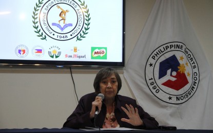 <p><strong>LARO NG LAHI.</strong> Philippine Sports Commission (PSC) Commissioner Bong Coo discusses the staging of the Women in Sports Laro ng Lahi during the Philippine Sportswriters Association (PSA) Forum at the conference hall of the Rizal Memorial Sports Complex on Tuesday (July 4, 2023). A total of 400 participants are seeing action in the July 8-9 tournament to be held in Lagawe, Ifugao province. <em>(PNA photo by Jesus M. Escaros Jr.)</em></p>