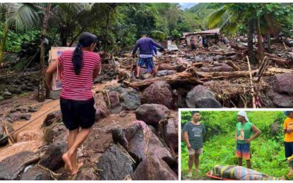 <p><strong>BLOCKED PASSAGE.</strong> Mountain rocks filled the access road in Barangay Poblacion, President Roxas town, North Cotabato, following flash floods that hit the area due to heavy rains on Tuesday (July 4, 2023). Inset shows one of two fatalities in the flooding. <em>(Photo courtesy of Jastine Dejecacion)</em></p>