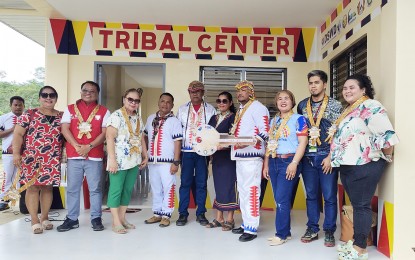 <p><strong>THE PLACE TO GATHER.</strong> Department of Social Welfare and Development in the Caraga Region Asst. Regional Director for Operations Jean Paul Parajes (2nd from left) leads the turnover of the PHP3 million tribal center on Wednesday (July 5, 2023) to the Higaonon tribe in Barangay Bunaquit, Esperanza, Agusan del Sur. The center will serve as a venue for gatherings and other customary activities of the tribe. <em>(Photo courtesy of DSWD-13)</em></p>