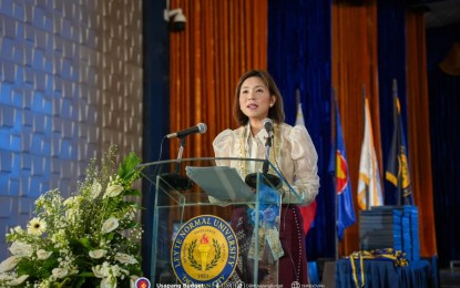 <p><strong>GUEST SPEAKER.</strong> Budget Secretary Amenah Pangandaman serves as the guest of honor at the 81st Commencement Exercises of the Leyte Normal University (LNU) in Tacloban, Leyte on Saturday (July 8, 2023). She urged the 888 graduates to actively participate and coordinate for the fulfillment of the government's bid to bring progress to the country. <em>(Photo courtesy of the DBM)</em></p>