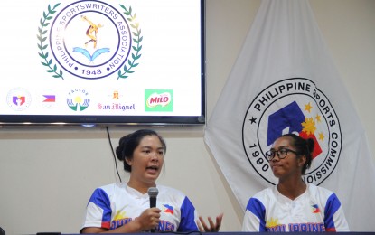 <p><strong>WORLD CUP</strong>. Cheska Altamonte (left) and Elsie dela Cruz of the Philippine Blu Girls attend the Philippine Sportswriters Association forum at the Philippine Sports Commission conference room in Malate, Manila on Tuesday (July 11, 2023). They discussed their upcoming campaign in the Softball World Cup in Italy on July 22-27. <em>(PNA photo by Jess Escaros)</em></p>
