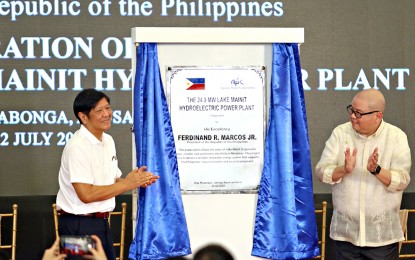 <p><strong>NEW POWER SOURCE.</strong> President Ferdinand R. Marcos Jr., assisted by Francisco Tiu Laurel Jr., the president of Agusan Power Corporation, leads the inauguration of the 24.9-megawatt Lake Mainit Hydro Power Plant on Wednesday (July 12, 2203) in Jabonga town, Agusan del Norte province. Dinagat Islands Governor Nilo Demerey Jr., concurrent chair of the Regional Development Council in the Caraga Region, welcomed the power project as it will complement the economic gains achieved by the region last year. <em>(PNA photo by Alexander Lopez)</em></p>