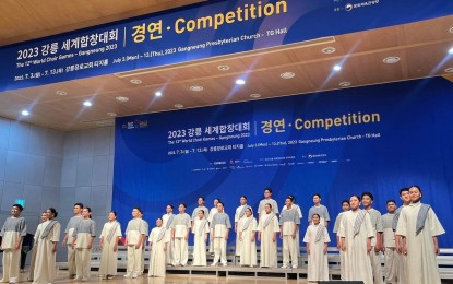 <p><strong>CHAMPS.</strong> The Samiweng Singers of Ilocos Norte National High School compete in the World Choir Games open category held in Gangneung-si, Korea on July 3-13, 2023. They won top awards along with the Saguday Chorale of Northwestern University in Laoag City.  <em>(Photo courtesy of Samiweng Singers FB Page)</em></p>