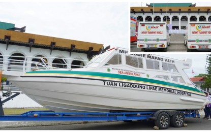 <p><strong>LIVE SAVER.</strong> The Ministry of the Interior and Local Government in the Bangsamoro Autonomous Region in Muslim Mindanao turns over Tuesday (July 18, 2023) an PHP11 million worth of sea ambulance and patient transport vehicle  (PTV) to beneficiaries from Tawi-Tawi province. In Maguindanao del Norte, the town of Northern Kabuntalan, and Barangay Darapanan in Sultan Kudarat town also received a PTV and fire truck (inset), respectively, through the assistance fund of two BARMM parliament officials. <em>(Photo courtesy of MILG-BARMM)</em></p>