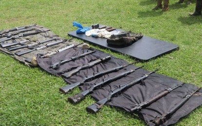 <p><strong>SEIZED.</strong> Some of the high-powered firearms and banned explosives were buried by the New People’s Army (NPA) in an upland village of Can-avid, Eastern Samar. The Philippine Army found the arms cache on Wednesday (July 19, 2023) through a tip from a former rebel. <em>(Photo courtesy of the Philippine Army)</em></p>