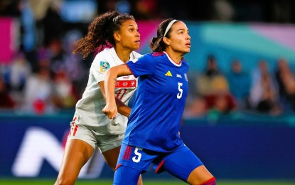 <p><strong>NOT ENOUGH</strong>. Skipper Hali Long (right) tries to mark a Swiss player as the Filipinas absorb a 0-2 defeat to Switzerland in the first match in Group A between the two sides in the FIFA Women’s World Cup at the Forsyth Barr Stadium in Dunedin, New Zealand on Friday (July 21, 2023). The Philippines will face New Zealand on Sunday.<em> (Contributed photo)</em></p>
