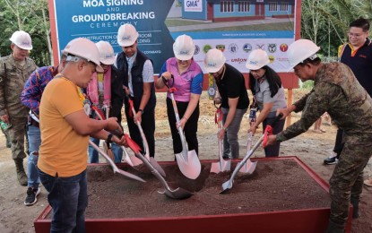 <p><strong>CALAMITY-PROOF CLASSROOMS.</strong> Officials from the GMA Kapuso Foundation Inc., the Department of Education, the local government of Kidapawan City, and the Army's 10th Infantry Division lead the groundbreaking Thursday (July 20, 2023) of one of two-classroom buildings that will be built in the villages of Perez and Ilomavis, Kidapawan City, North Cotabato. The two-classroom buildings are designed to withstand 280 kilometers per hour windspeed and an 8.0 magnitude earthquake. <em>(Photo courtesy of 10ID)</em></p>