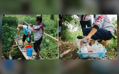 <p><strong>WATER SAMPLING.</strong> Representatives of the Provincial Government Environment and Natural Resources Office (PGENRO) and the Department of Environment and Natural Resources - Protected Area Management Office take water samples from one of Taal Lake's tributaries in this undated photo. The PGENRO said on Saturday (July 22, 2023) that specimens showed higher-than-desired levels of fecal coliform and phosphate in the Tabanga River, while the other parameters were at normal levels. <em>(Photo courtesy of Batangas-PIO)</em></p>