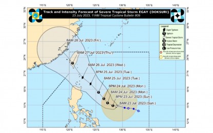 <p><strong>RED ALERT</strong>. The track and intensity forecast of Severe Tropical Storm Egay as of 11 a.m. on Sunday (July 23, 2023).  The Regional Disaster Risk Reduction and Management Council in Western Visayas has raised a red alert status, activating the "Charlie" protocol, the highest level among the emergency preparedness and response protocols, in preparation for the possible onslaught of Egay. <em>(Image courtesy of PAGASA)</em></p>