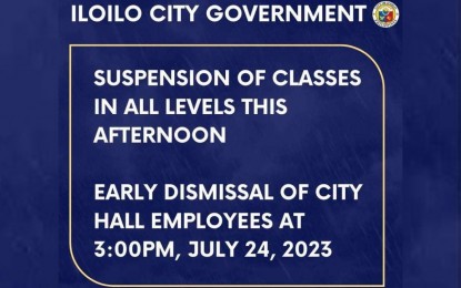<p><strong>NO CLASSES</strong>. The Iloilo City government suspended classes at all levels Monday afternoon (July 24, 2023) in anticipation of the rainfall to be brought by the trough of Typhoon Egay and the southwest monsoon. Mayor Jerry Treñas advised the general public to be vigilant of the risks due to heavy rains and flooding. <em>(Photo courtesy of Public Information Office)</em></p>