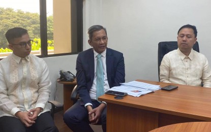 <p><strong>NOT LEFT BEHIND</strong>. Albay 2nd District Rep. Joey Salceda is flanked by Ako Bicol Party-list Representatives Elizaldy Co (left) and Raul Angelo Bongalon as they give their assessments on President Ferdinand R. Marcos Jr.’s second State of the Nation Address on Monday (July 24, 2023). They said they would continue to support the legislative agenda of the administration.<em> (PNA photo by Connie Calipay)</em></p>