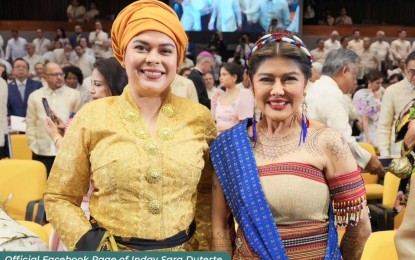 <p><strong>SONA LADIES</strong>. Vice President Sara Duterte (left) and Senator Imee Marcos are shown in their tribal-inspired attire during the 2nd State of the Nation Address (SONA) of President Ferdinand Marcos Jr. on Monday (July 24, 2023) at the Batasang Pambansa Complex in Quezon City. Duterte thanked the Marcos administration for its peace-building efforts in Mindanao. <em>(Photo from Inday Sara Duterte Facebook Page)</em></p>