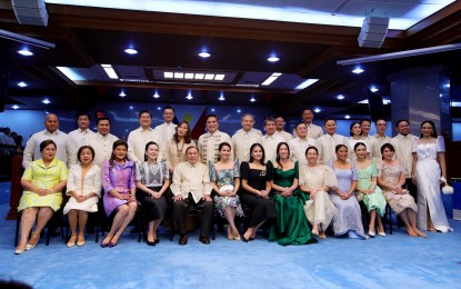 <p><strong>TRUSTED.</strong> Senators led by Senate President Juan Miguel Zubiri (back row, 7th from left) pose with their respective spouses during the opening of the 2nd Regular Session of the 19th Congress at the Senate Session Hall in Pasay City on July 24, 2023. Senate Majority Leader Joel Villanueva (back row, 8th from left) on Wednesday (April 3, 2024) said Zubiri's good trust ratings in a recent Pulse Asia poll is a reflection of the people's trust for the Senate as a whole. <em>(PNA photo by Avito Dalan)</em></p>