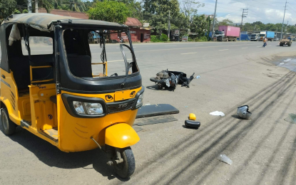 <p><strong>HIGHWAY BAN.</strong> A rickshaw, locally called “bao-bao,” sustained damage during a road accident with a motorcycle along the national highway of Barangay Bugo in Cagayan de Oro City sometime in February 2023. On Wednesday (July 26, 2023), the local government moved to reimpose the ban on public transport motorcycles such as rickshaws to decongest traffic flow. <em>(File photo courtesy of CDO-RTA)</em></p>