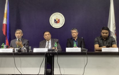 <p>(From left to right): DFA Assistant Secretary Bensurto, Undersecretary Domingo, DOT Asec. Warner Andrada, and DICT Government Digital Transformation Bureau Director June Vincent Gaudan during a press conference on the e-Visa soft launch at the DFA in Pasay on Wednesday (July 26, 2023). <em>(PNA photo by Joyce Rocamora)</em></p>