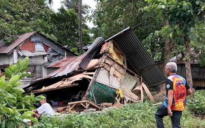 <p><strong>DESTROYED</strong>. Heavy rains and strong winds caused by Super Typhoon Egay toppled a house in Sagay City, Negros Occidental on Tuesday (July 25, 2023). As of Wednesday noon (July 26), some 32,670 residents in Bacolod City and 13 local government units of the province have been displaced due to bad weather, a report of the Provincial Disaster Management Program Division showed. <em>(Photo courtesy of Sagay City Information and Tourism Office)</em></p>