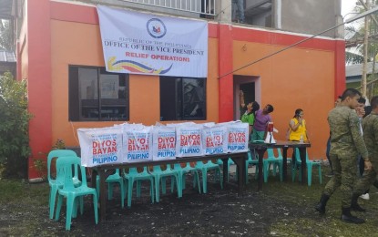 <p><strong>AID FOR FLOOD VICTIMS.</strong> A total of 168 flood-affected families from Barangays Bulucaon, Buluan, Poblacion 1 and Poblacion 2 of Pigcawayan town, Cotabato province receive relief boxes from the Office of Vice President on Thursday (July 27, 2023). The boxes contain sleeping mats, blankets, mosquito nets, slippers, hygiene kits and collapsible water containers. <em>(Photo courtesy of Pigcawayan, banwa ta Facebook Page)</em></p>