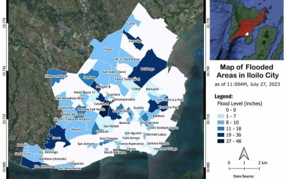 <p><strong>FLOODED</strong>. The map shows the flooded areas affected in Iloilo City. Heavy rainfall brought by the southwest monsoon enhanced by Typhoon Egay resulted in the flooding in this city’s 70 barangays, according to the Iloilo City Disaster Risk and Reduction Management Office on Thursday (July 27, 2023). <em>(Photo courtesy of CDRRMO FB page)</em></p>