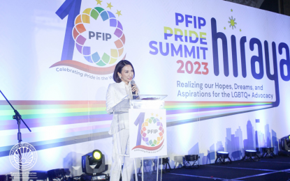 <p><strong>TOURISM PRIDE SUMMIT.</strong> Tourism Secretary Christina Frasco delivers her speech during the Philippine Financial & Inter-Industry (PFIP) Pride Summit 2023 on Thursday (July 27, 2023). Frasco said the DOT is set to mount the first-ever Tourism Pride Summit in September as part of its efforts to help position the Philippines as “one of Asia’s most LGBTQIA+ friendly destinations”. <em>(Photo courtesy of DOT)</em></p>